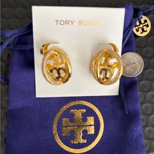 Tory Burch Gold Logo Earrings with crystals
